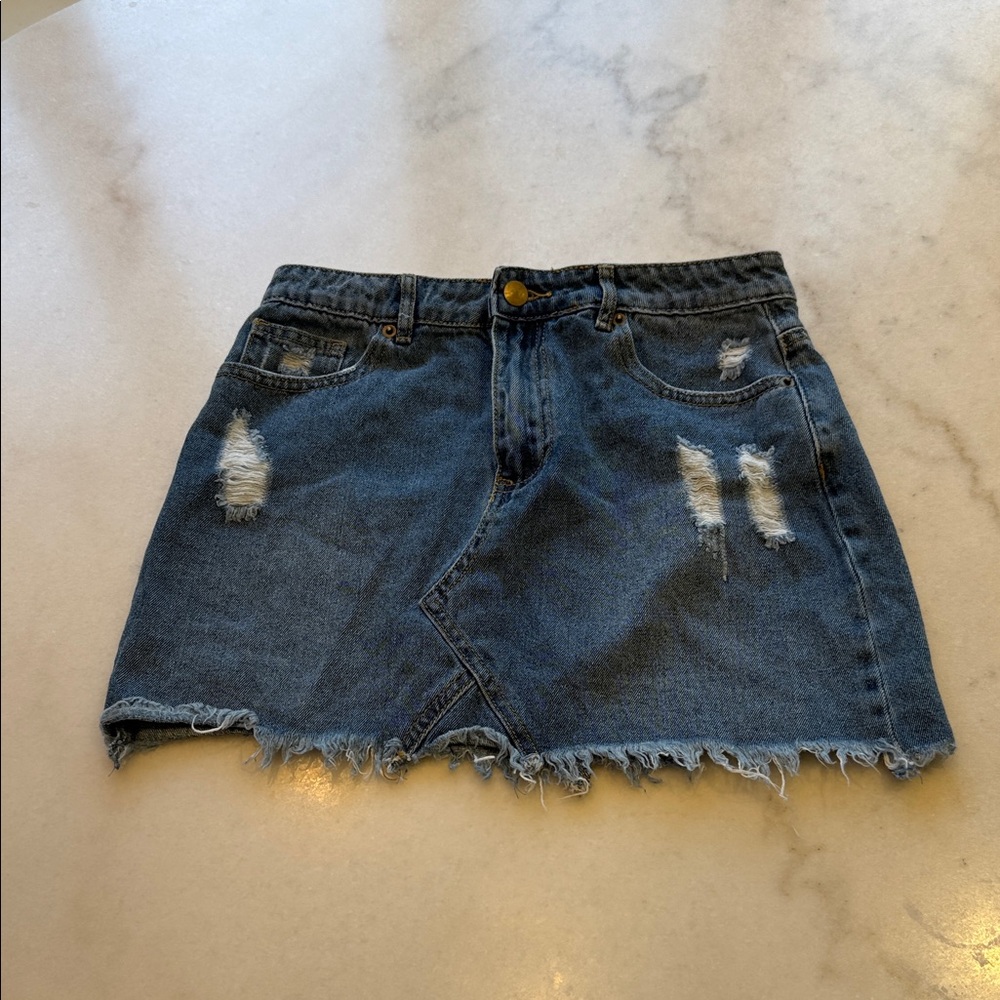 Distressed Blue Denim Mini Skirt